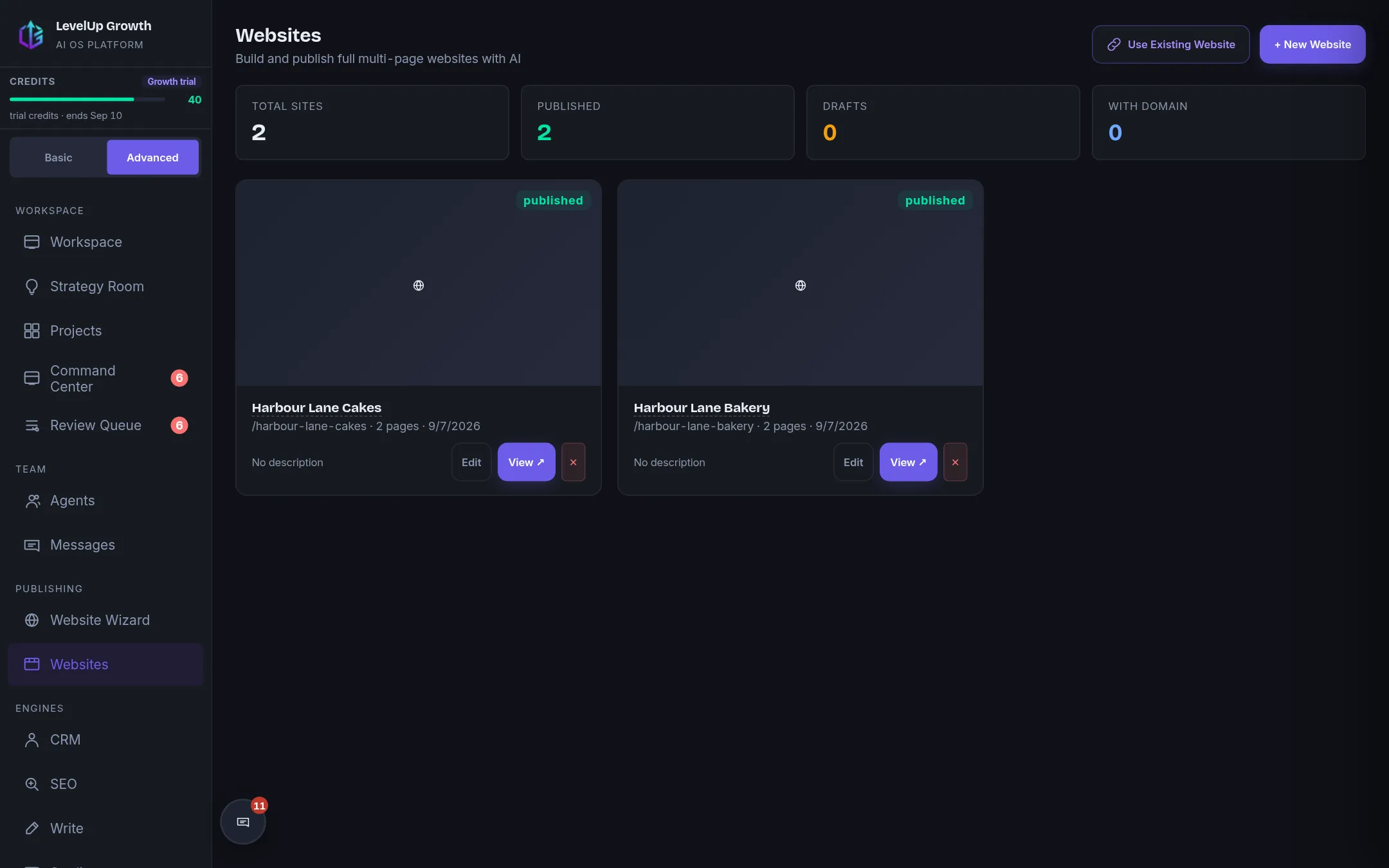 Two published sites in one workspace. An agency runs one workspace per client, each with its own sites, CRM, calendar and credits.