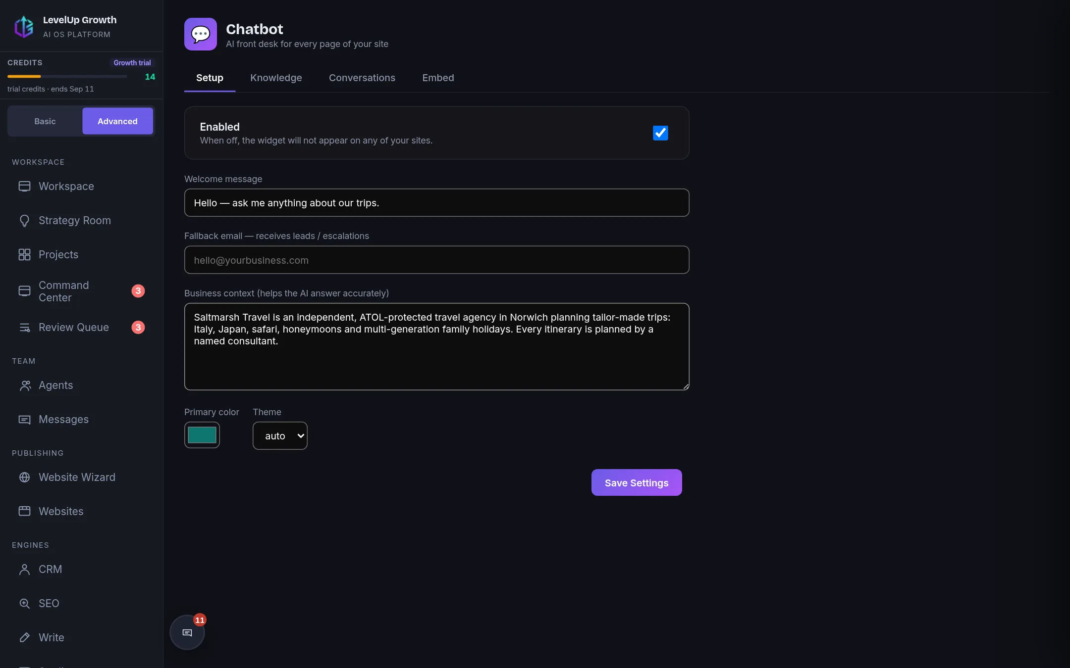 Chatbot setup: welcome, fallback, business context.