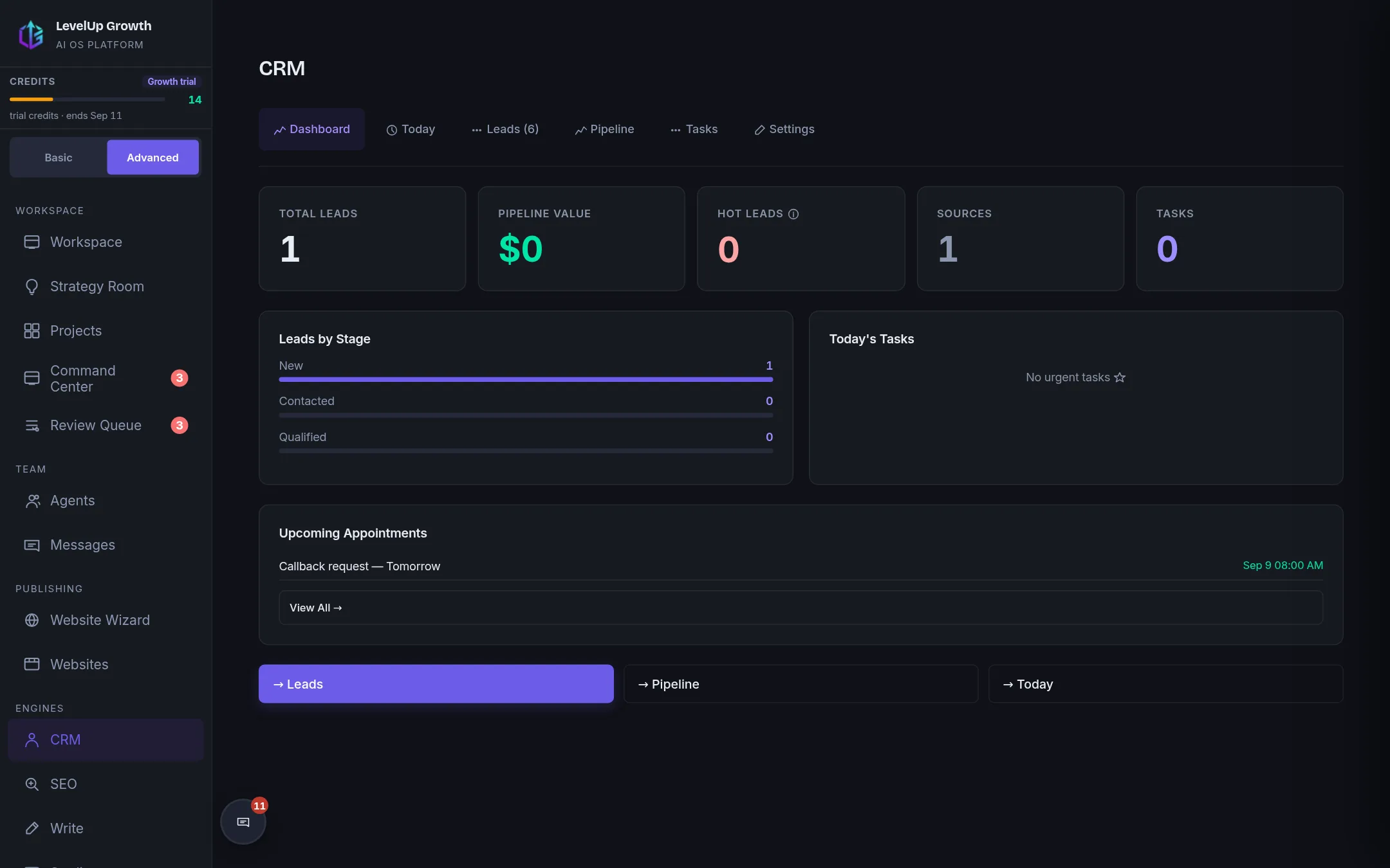 Follow-ups and hand-offs live in the CRM.