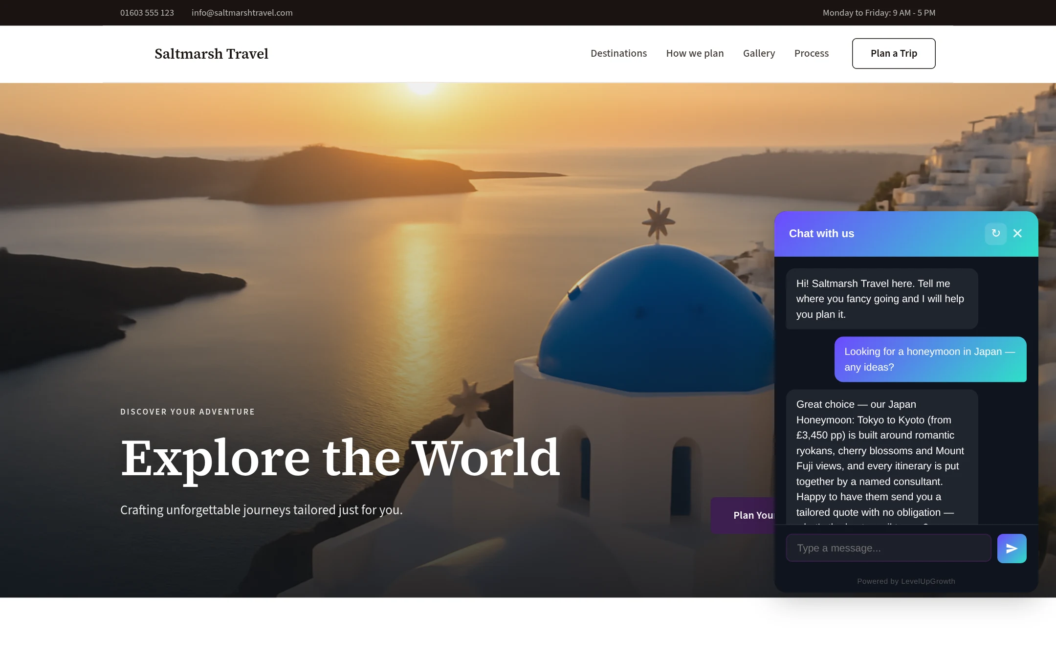 The Saltmarsh Travel website with its own chatbot open, answering a honeymoon enquiry from the agency's own Japan package and asking for an email so a consultant can send a quote.