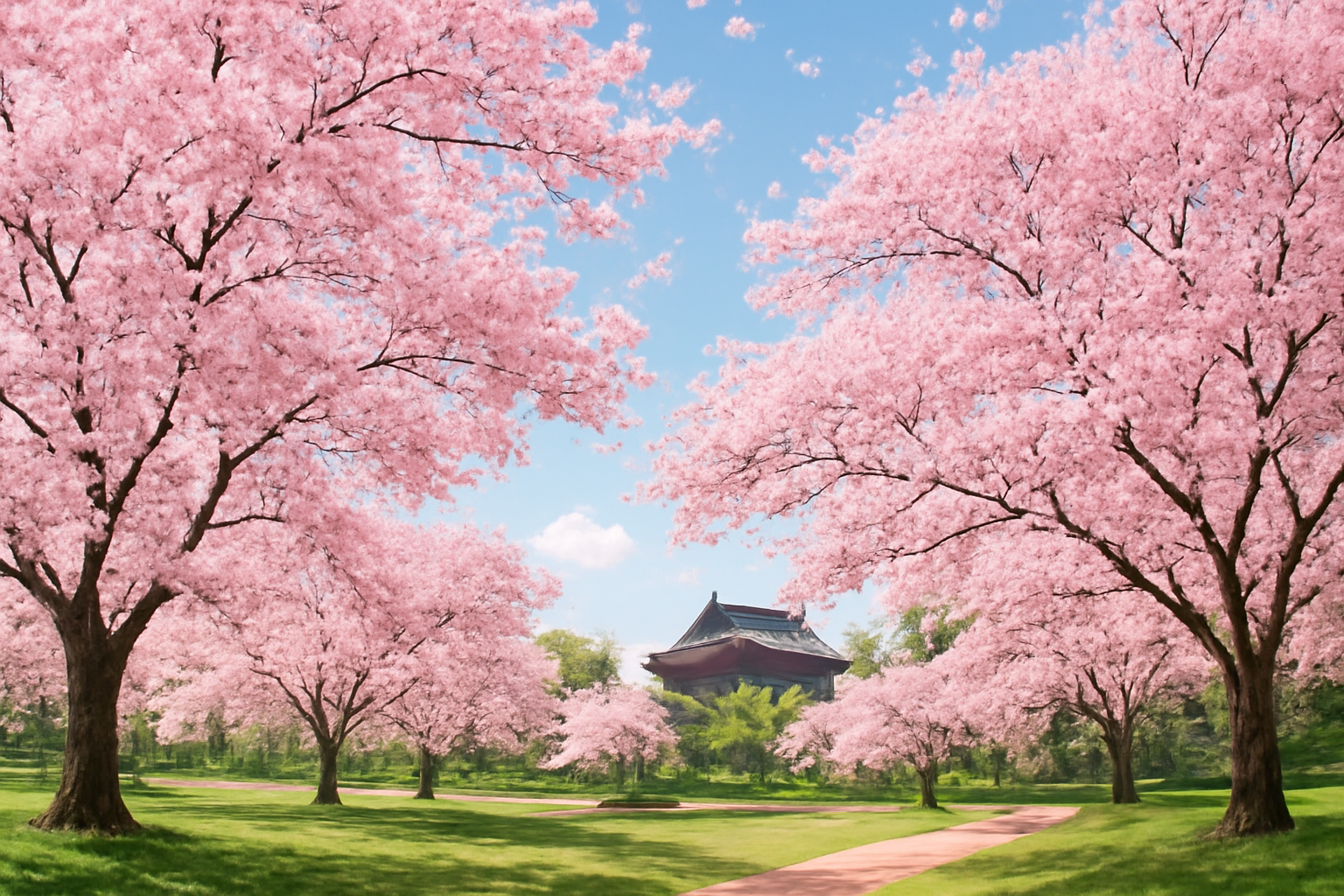 Cherry blossoms blooming along a river in Japan, with Mount Fuji in the background on a clear spring day.